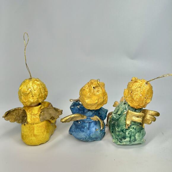 VTG Paper Mache Christmas Angel Ornament Playing Instrument Holiday Lot Of 3 - Picture 4 of 7